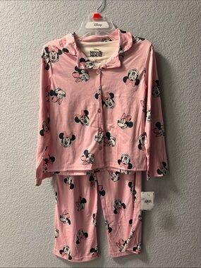 Disney Minnie Mouse Pink Pajama Set with Hooded Button-Front Top